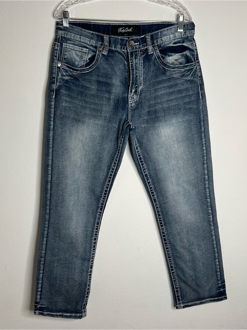 True Luck Jeans Mens 34x30 Blue Thick Stitch Embroidered Straight Leg
